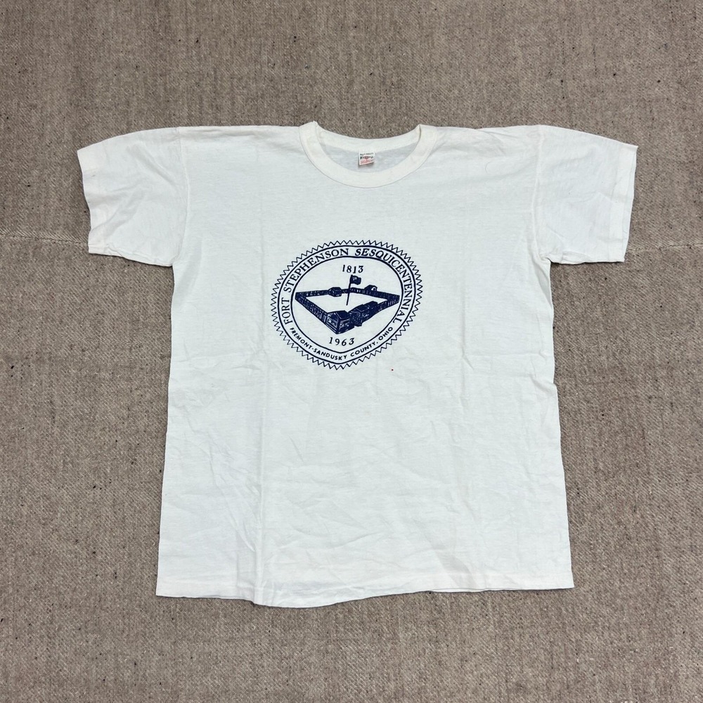 Vintage Fort Stephenson Shirt Mens Medium White 1960s Ohio Russell Athletic
